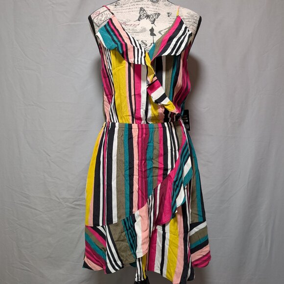 Express Women's Multicolor Striped Sleeveless Ruffle Wrap Dress‎ New Size Medium - Picture 1 of 9